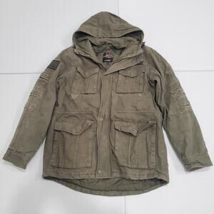 Y2K Lot 29 Hooded Field Jacket Mens Small Olive Green Canvas Coat Distressed
